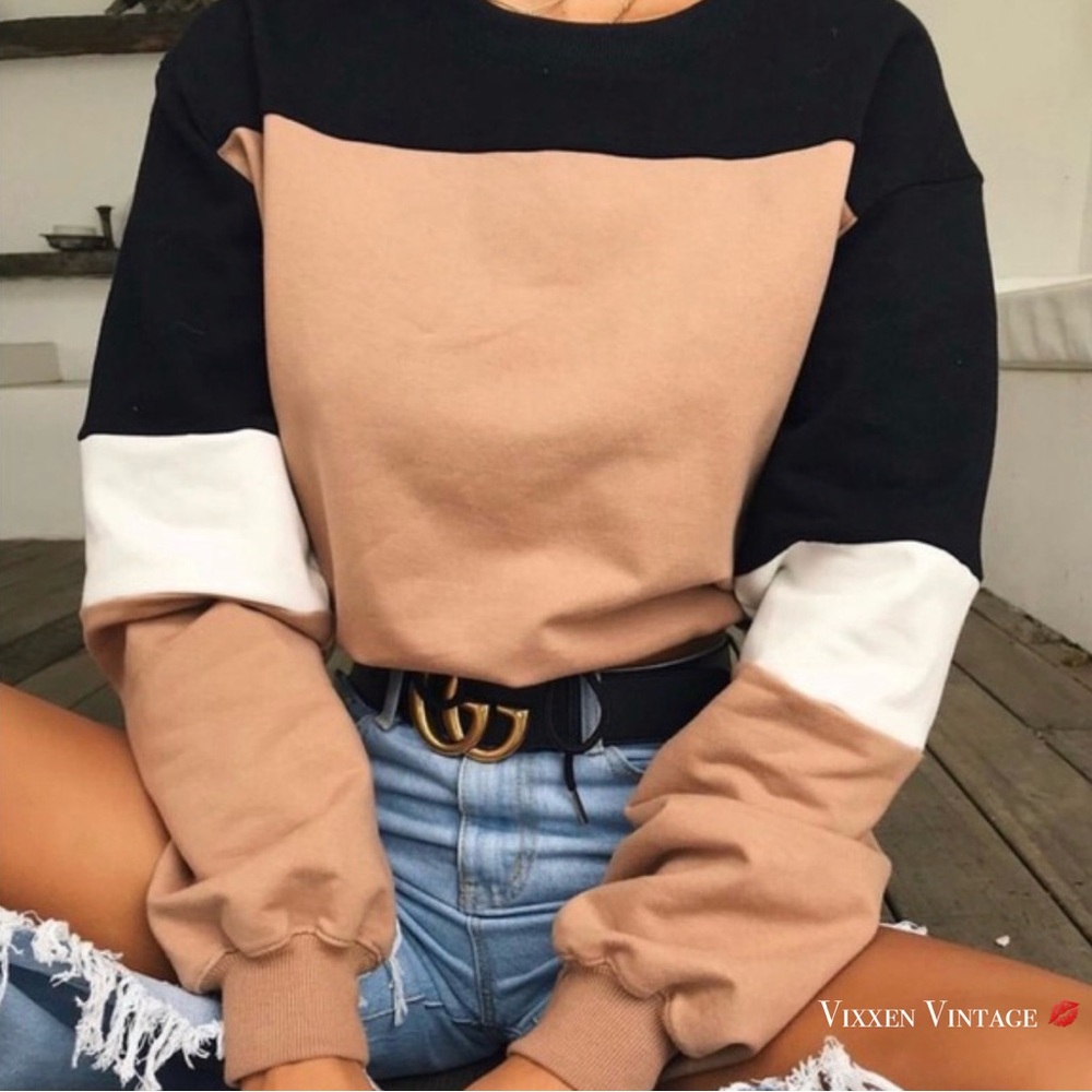 TIGER MIST ‘TENYA CROPPED SWEATSHIRT' IN BLACK WHITE TAN COLORBLOCK